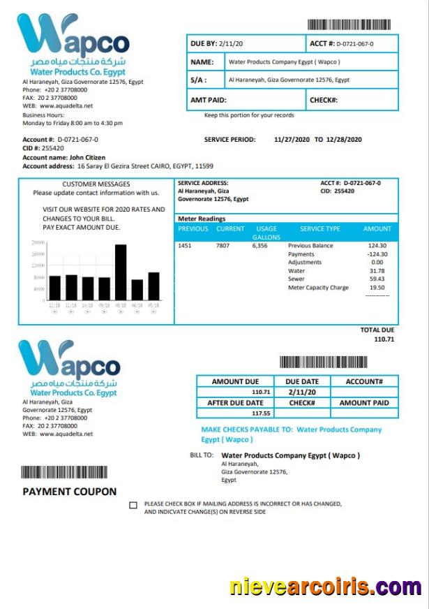 Egypt Water Products Company Egypt Wapco utility bill